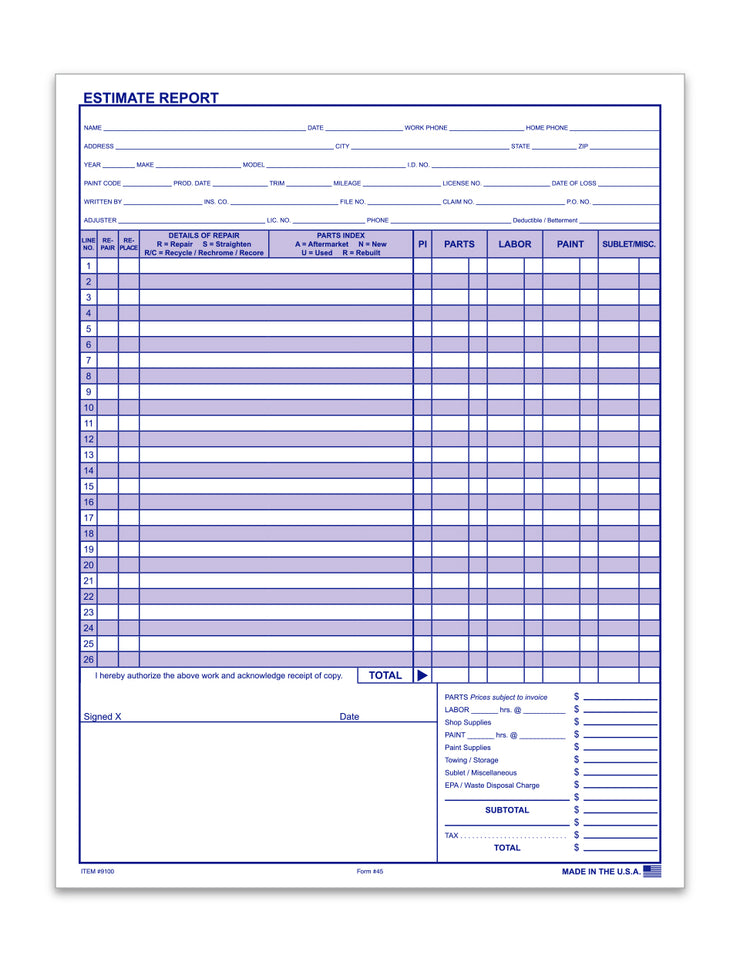 Body Shop Repair Estimate