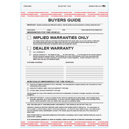 Buyers Guide Implied Warranty - 100/Pk