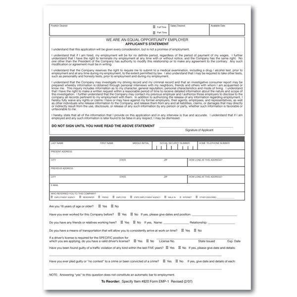 Application for Employment Form - Page 1