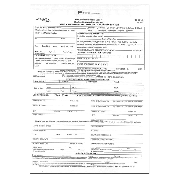 Application for Kentucky Certificate of Title or Registration - TC 96-182