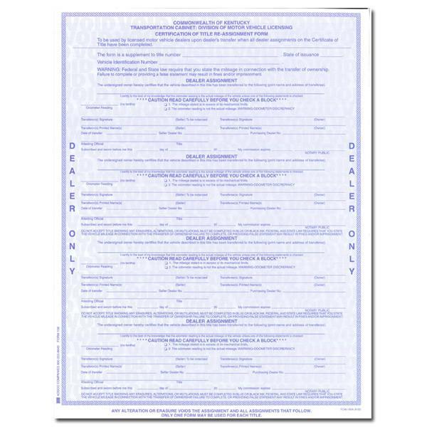 Kentucky Title Reassignment Form 50Ct Office Forms
