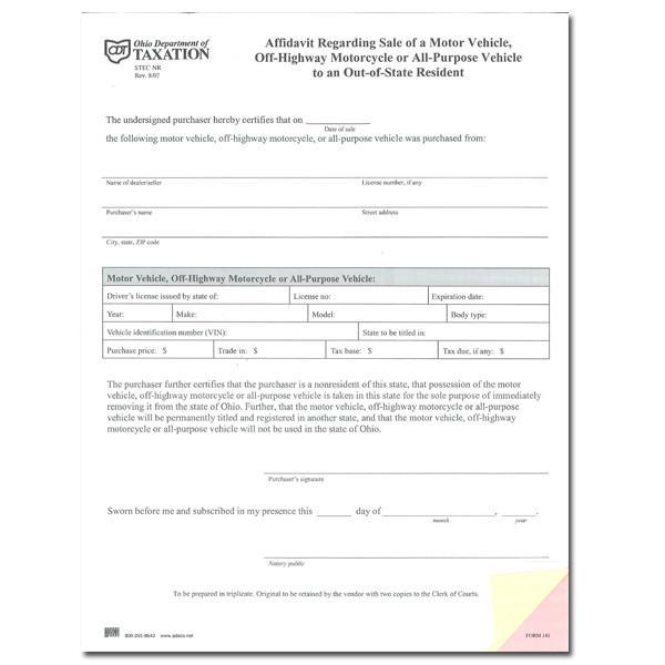 OH Affidavit Regarding Sale to Out of State Resident – ADSCO Companies