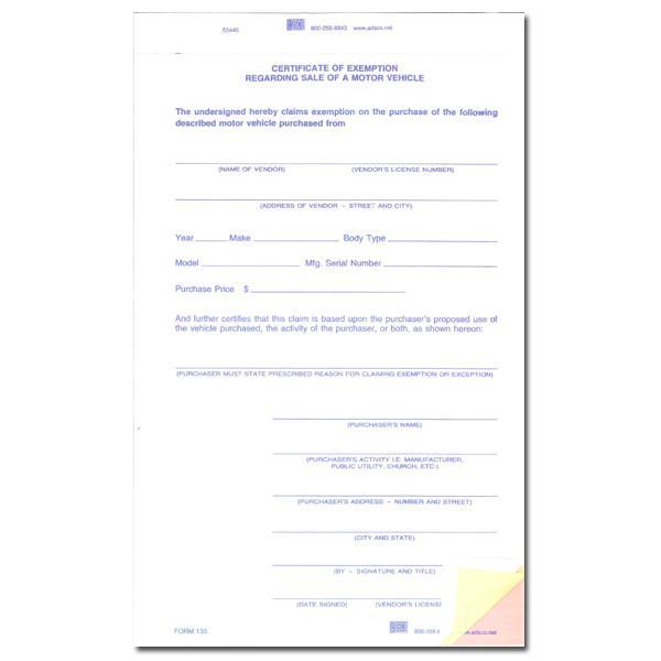 Ohio Certificate of Exemption Regarding Sale of a Motor Vehicle